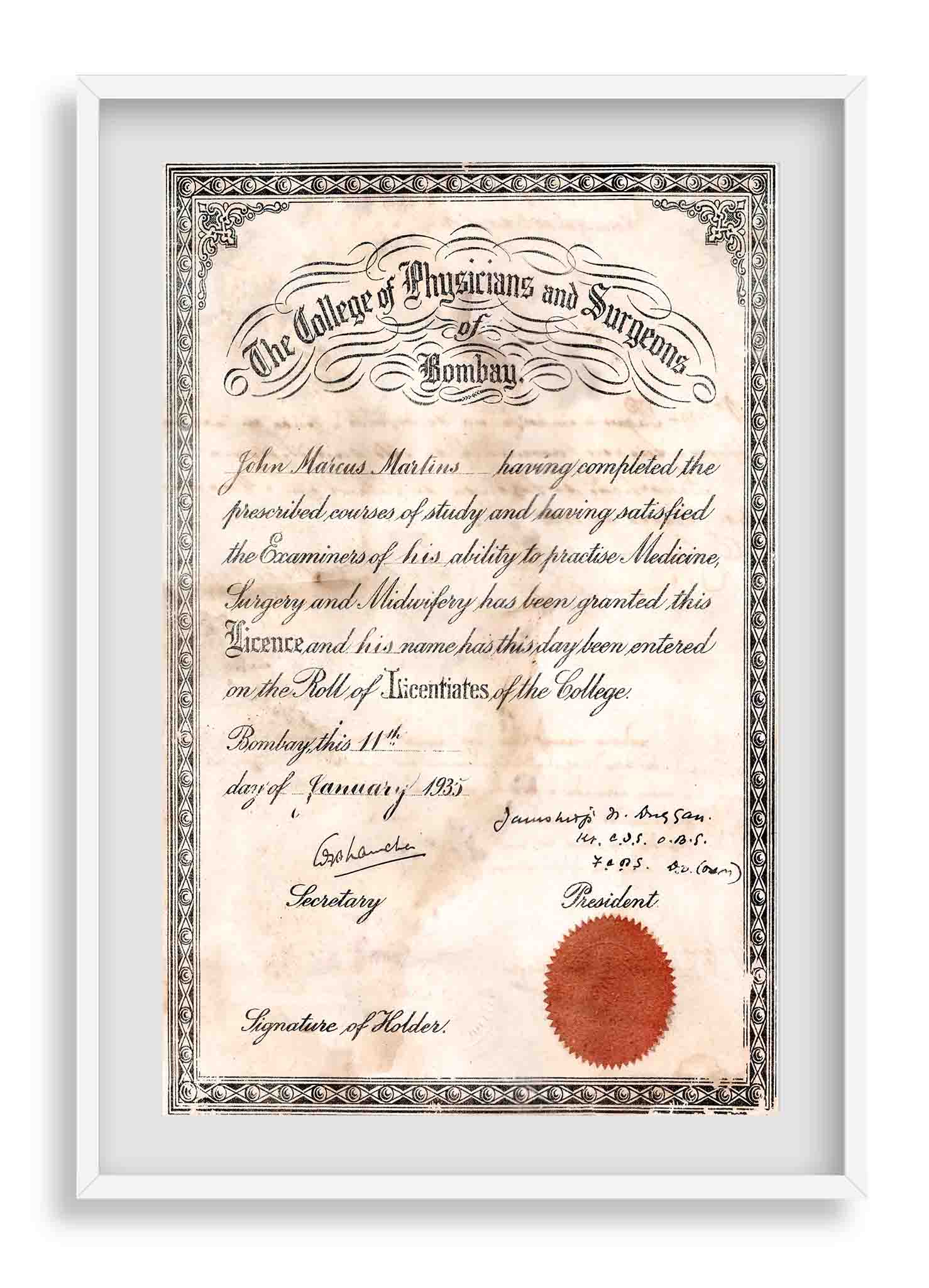 Certificate of John Marcus Martins
